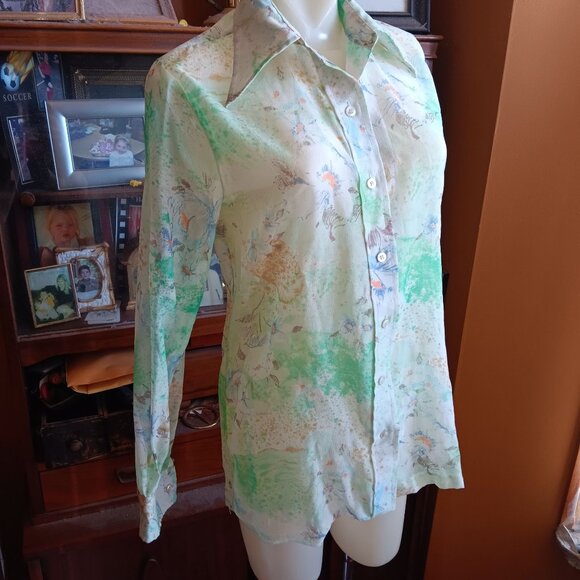 Vintage 70's Medium Sheer Floral Button-Down Blouse Long Sleeve Retro Pykettes - Picture 4 of 10